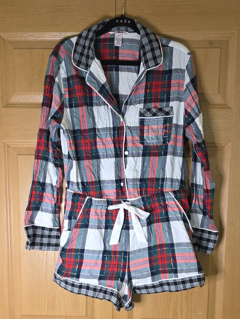 Victoria's Secret Women's Plaid Flannel Pajama Romper Long Sleeve Button Front M